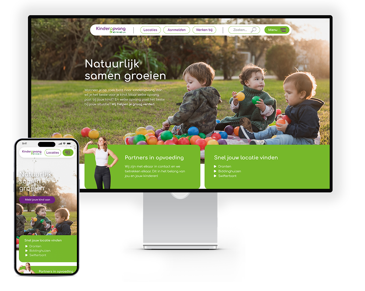 Header mobile Mock-up van de website van Kinderopvang Dronten, weergegeven op verschillende apparaten, met een ontwerp dat gericht is op kinderen en ouders, in een kleurrijke en speelse stijl.