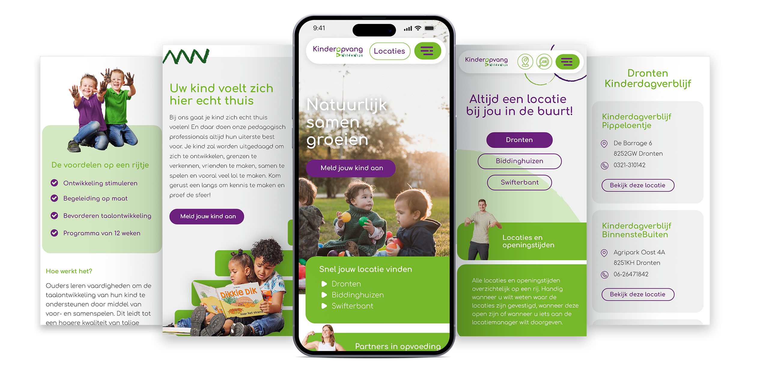 Mobile-meerdere-screens-3 Mock-up van mobiele schermen van Kinderopvang Dronten, met overzicht van locaties, voordelen en aanmeldmogelijkheden, weergegeven in een speels en kleurrijk ontwerp.