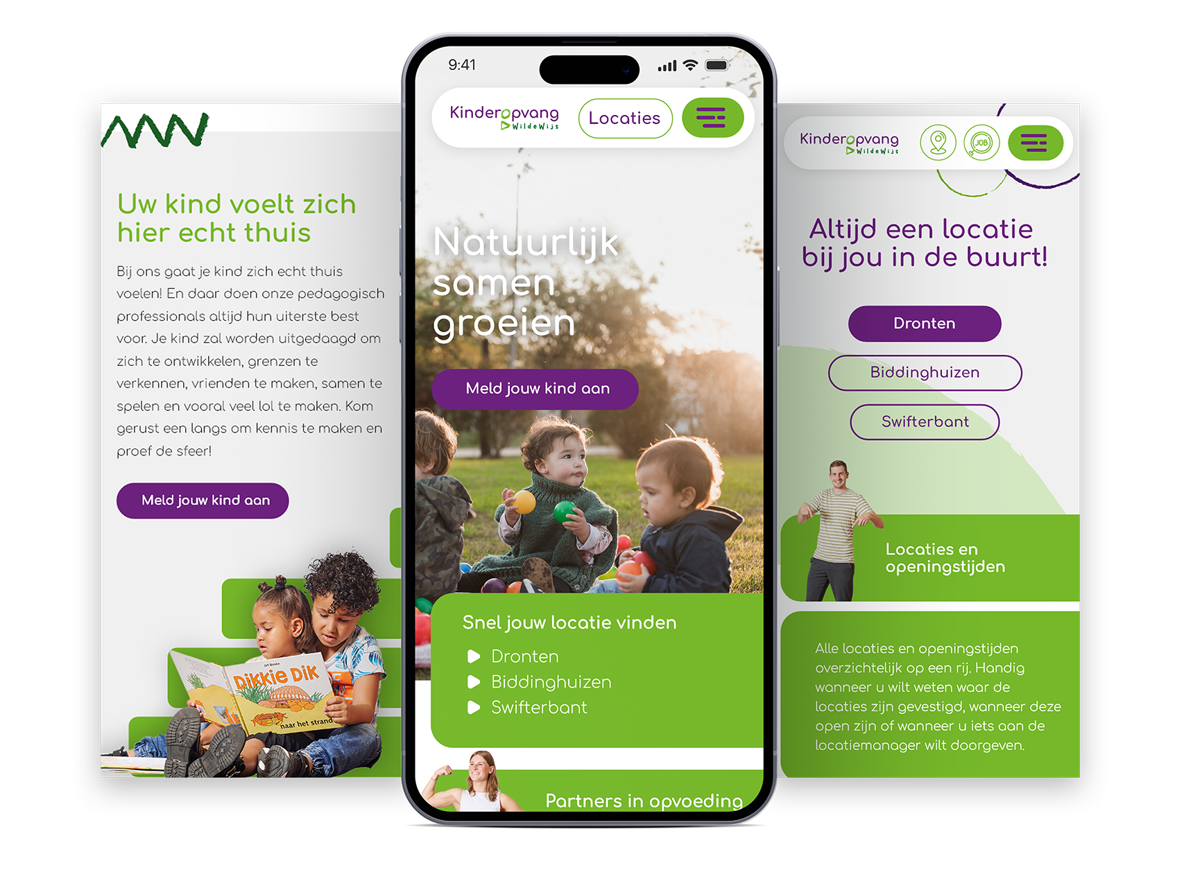 Mobile-meerdere-screens-mobile Mock-up van mobiele schermen van Kinderopvang Dronten, met overzicht van locaties, voordelen en aanmeldmogelijkheden, weergegeven in een speels en kleurrijk ontwerp.