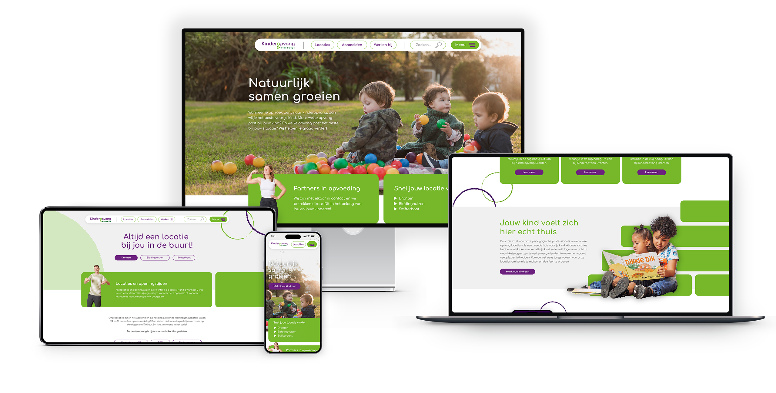 Mock-up-Web Mock-up van de website van Kinderopvang Dronten, weergegeven op verschillende apparaten, met een ontwerp dat gericht is op kinderen en ouders, in een kleurrijke en speelse stijl.